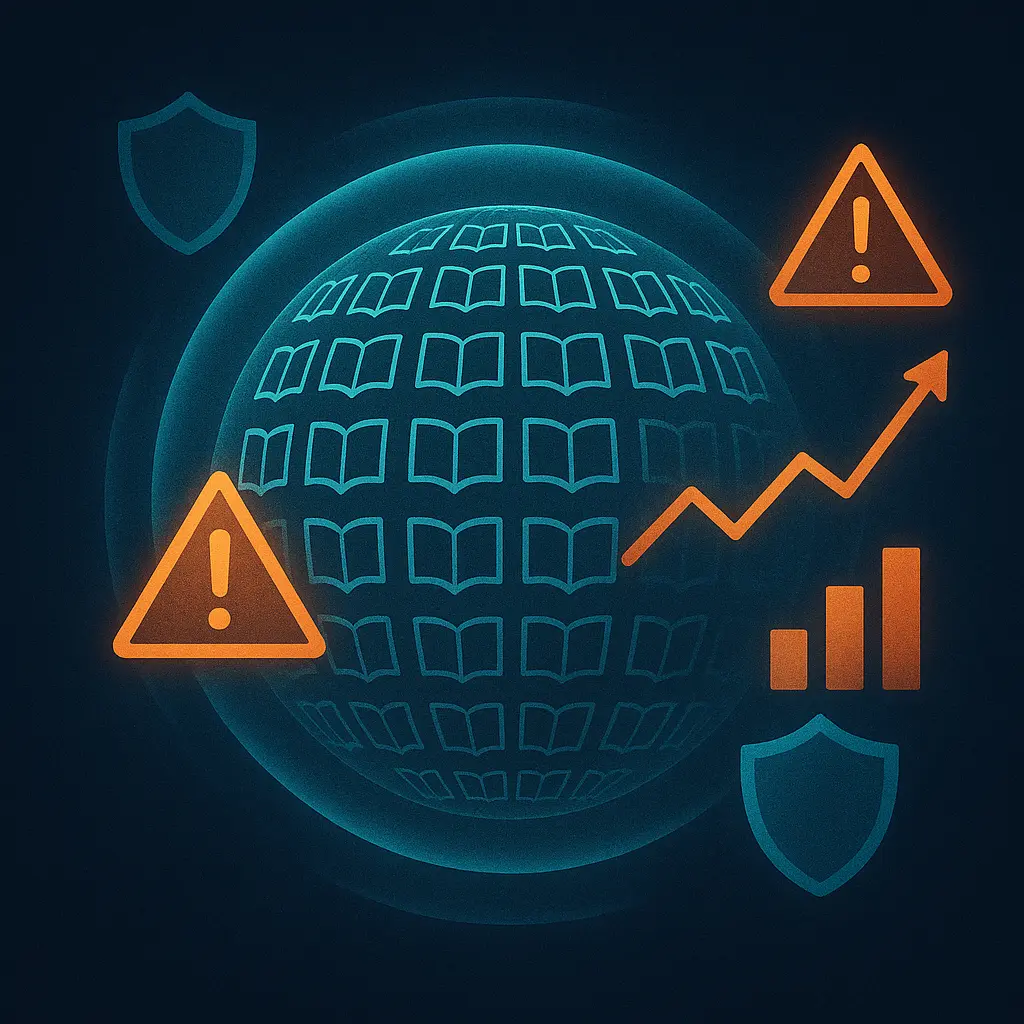Digital globe built from open book icons, ringed by firewall shields, orange warning triangles and an upward growth chart, highlighting global ebook piracy trends and protection.