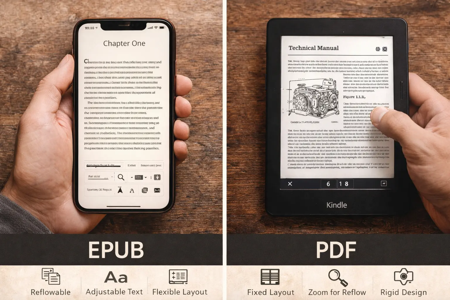 Side by side comparison of EPUB reflowable text and PDF fixed layout on smartphone and e reader devices