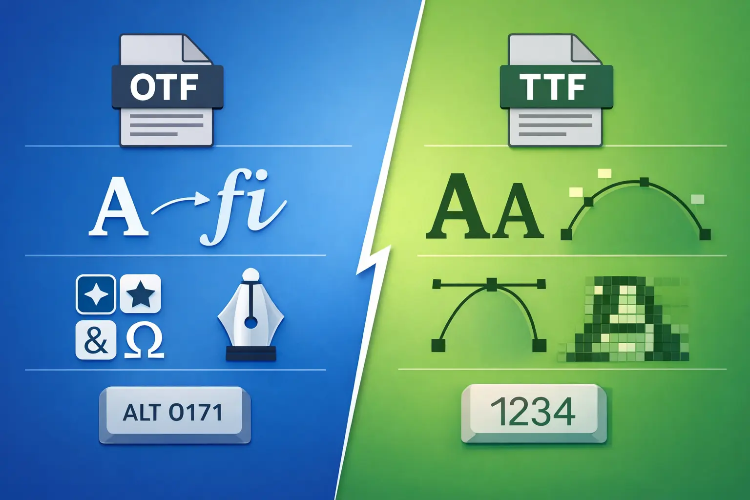 Illustration comparing OTF and TTF font formats with visual symbols for typography, font structure, and digital file differences in eBook publishing.