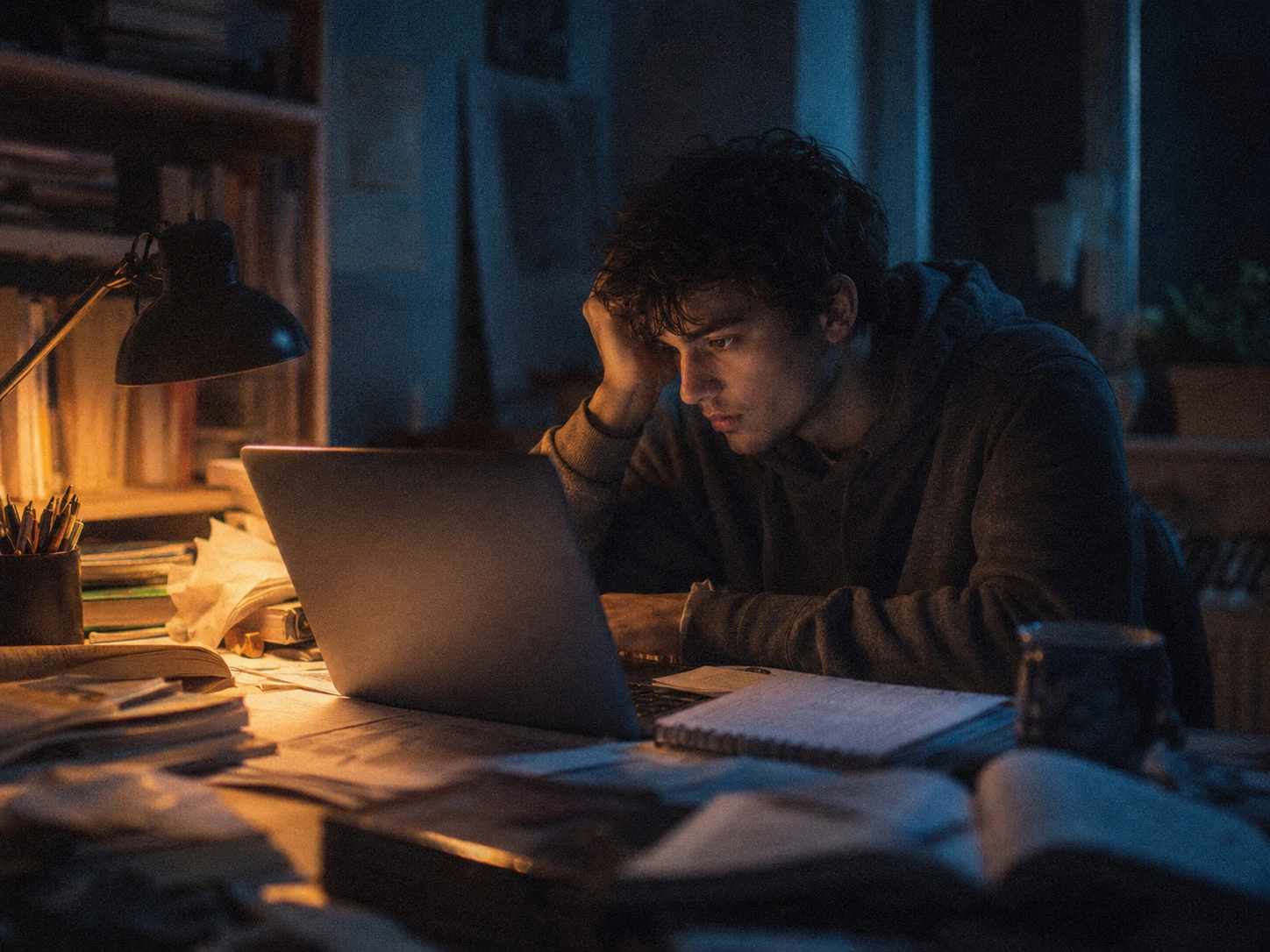 A university student working late at night on a laptop surrounded by open textbooks, representing the risks of digital textbook piracy and unauthorized access to educational content in higher education.