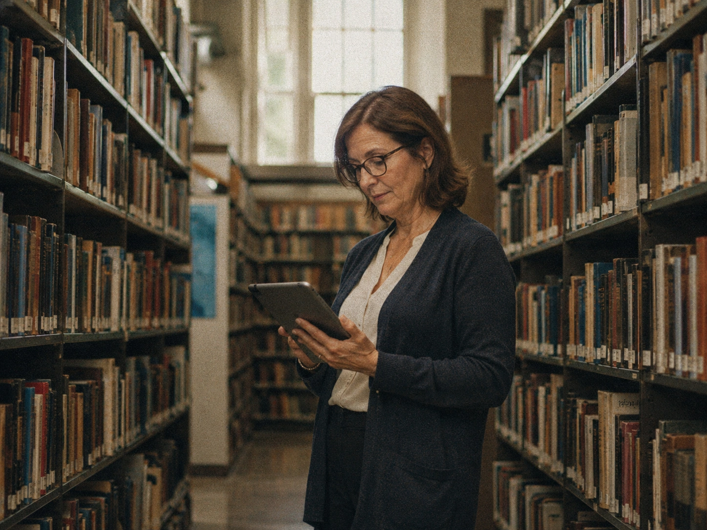 A university librarian reviewing a tablet among rows of library bookshelves, representing the use of eBook DRM to manage secure digital lending and access control for educational materials in campus libraries.